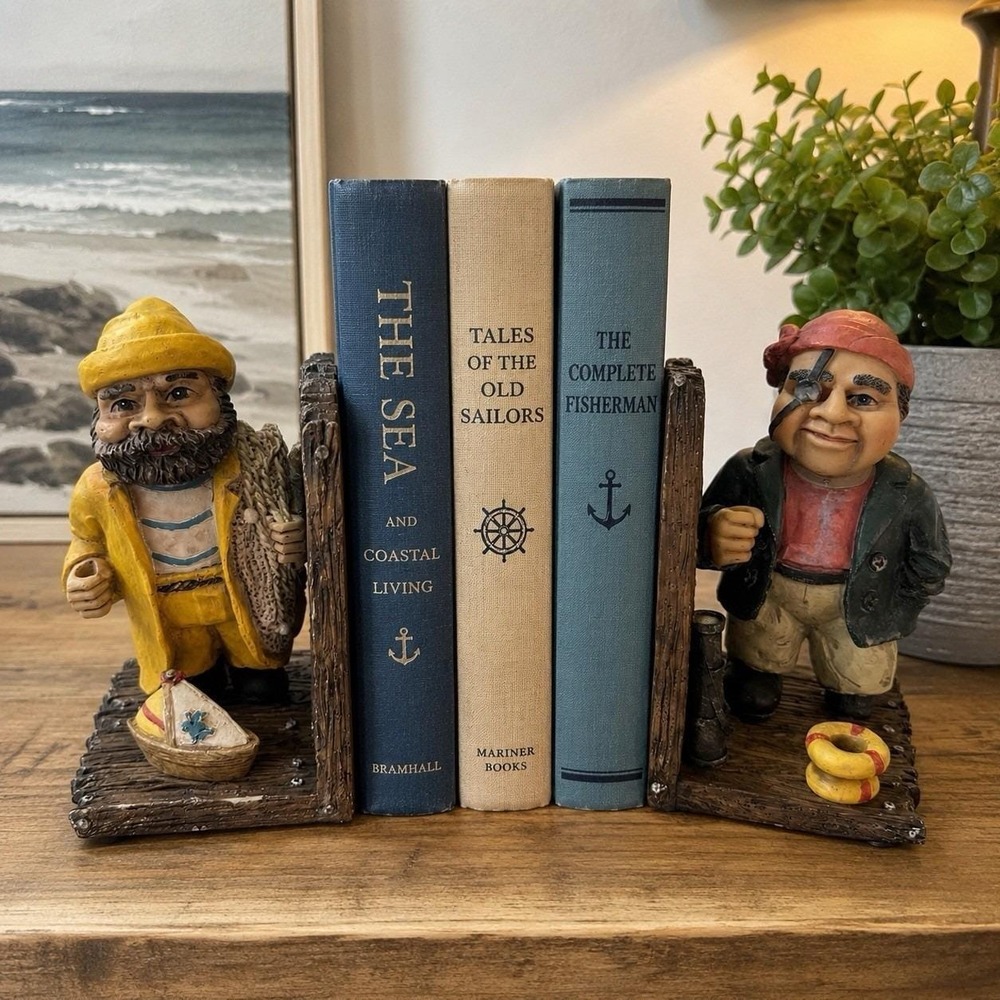 Vintage Fisherman Pirate Resin Bookends Nautical Coastal Sailor Decor Set